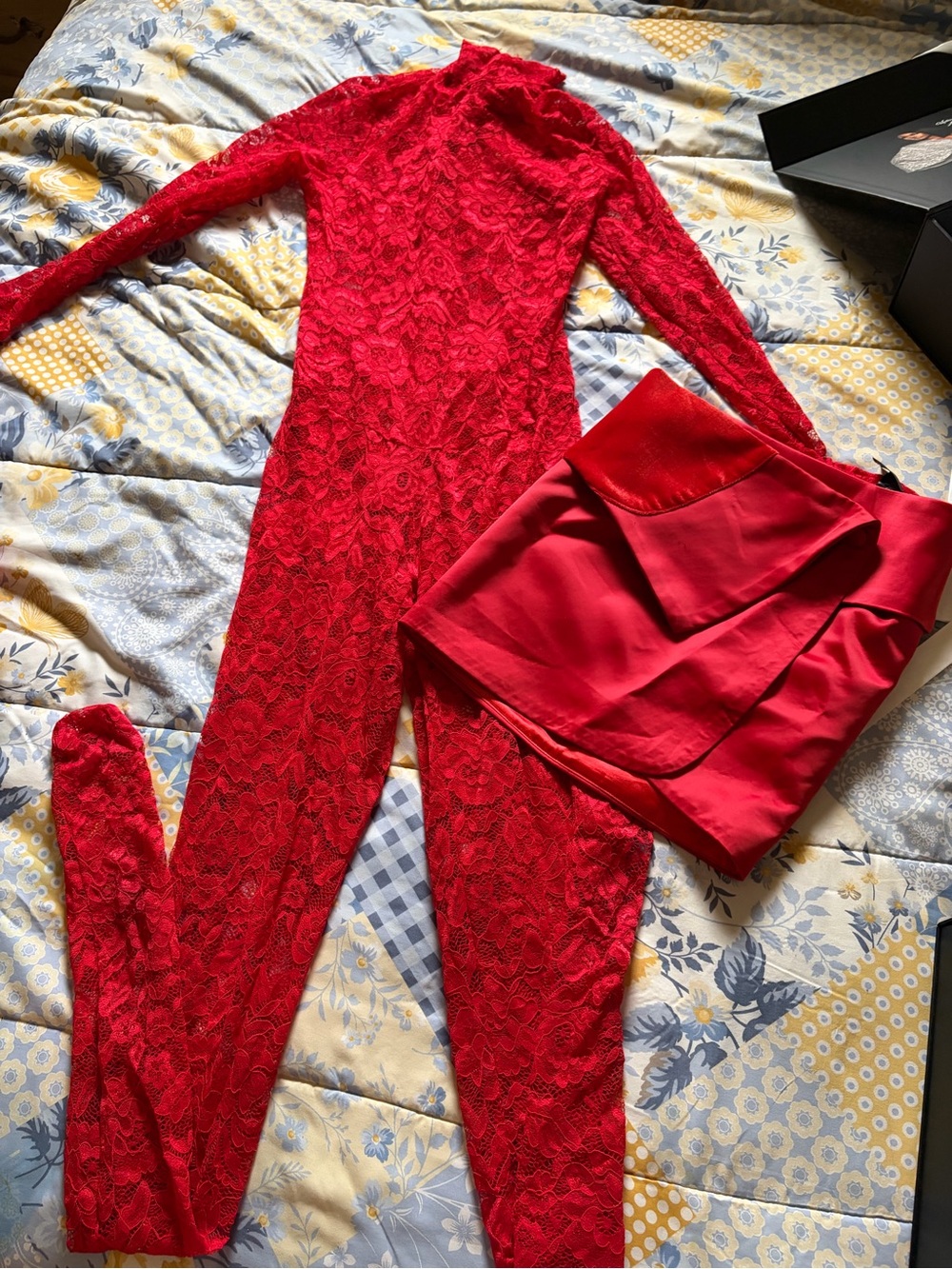 Red Lace Long-Sleeve Chemise Jumpsuit